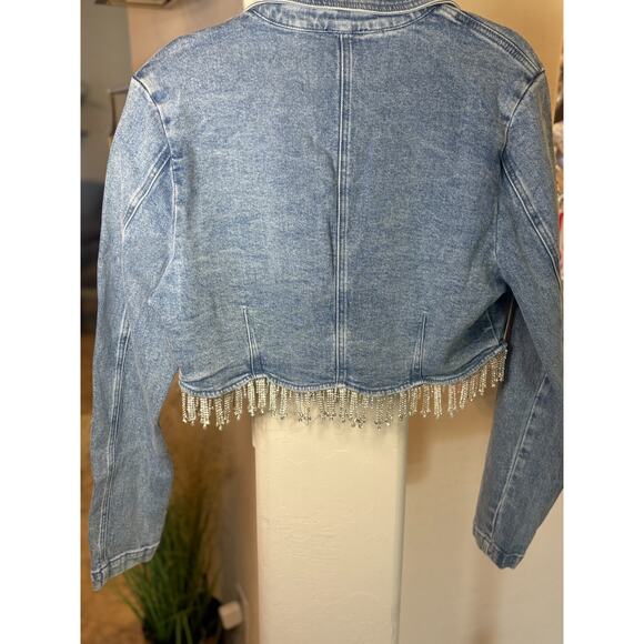 Bebe Rhinestone Hem Cropped Denim Jacket Size XL NEW MSRP $159 - Picture 3 of 7